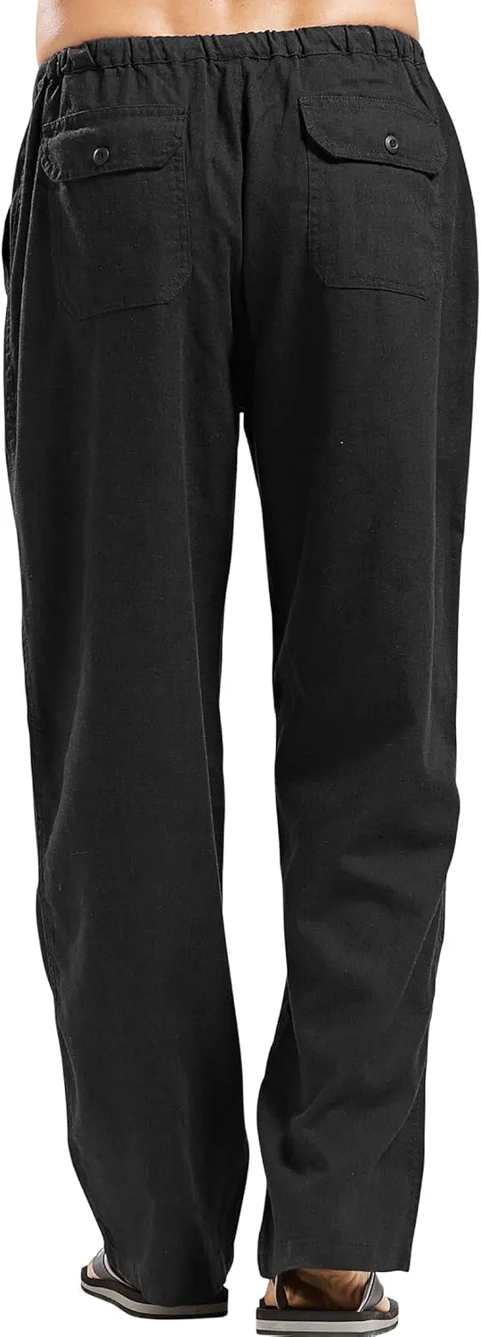chouyatou Men's Ethnic Stylish Drawstring Elastic Waist Loose Fit Baggy Stripe Linen Harem Beach Pants