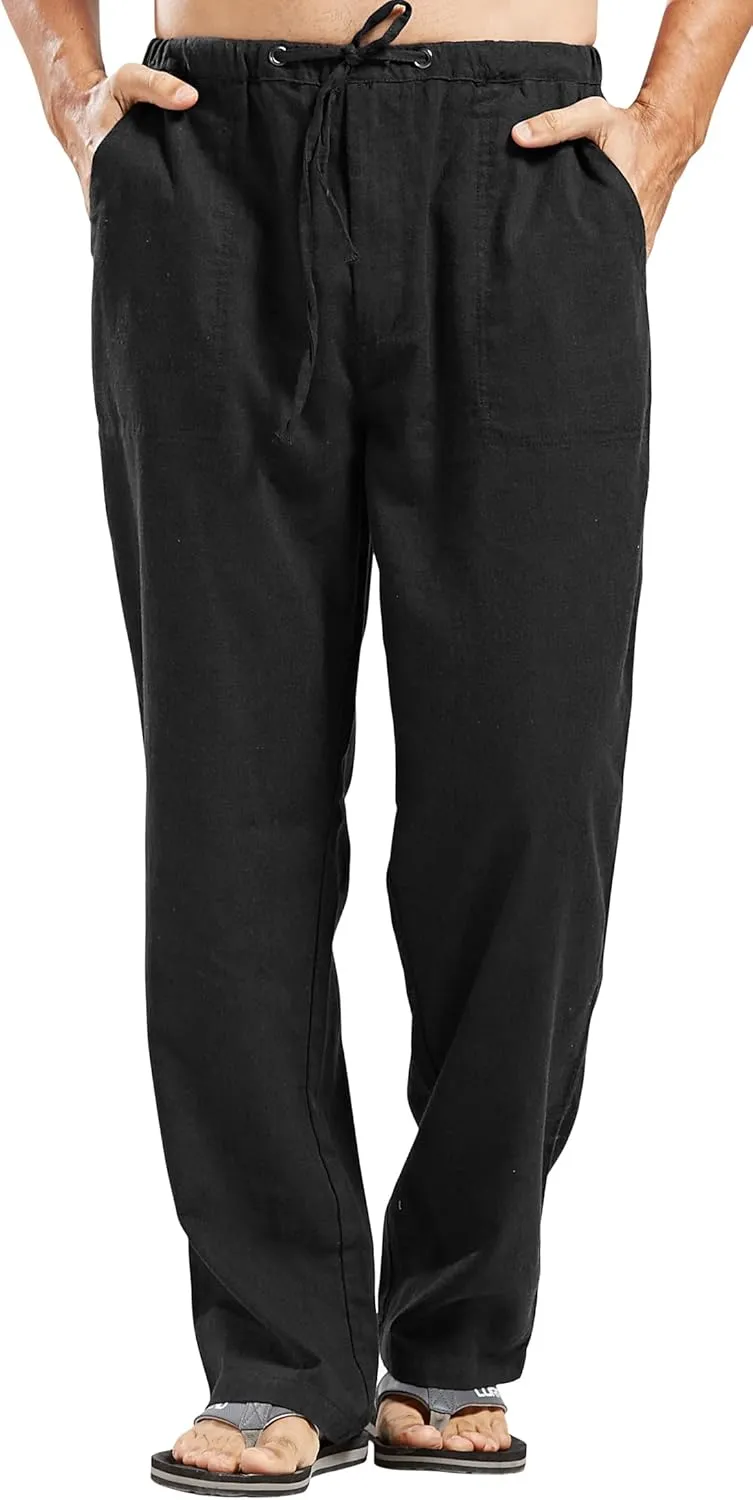 chouyatou Men's Ethnic Stylish Drawstring Elastic Waist Loose Fit Baggy Stripe Linen Harem Beach Pants