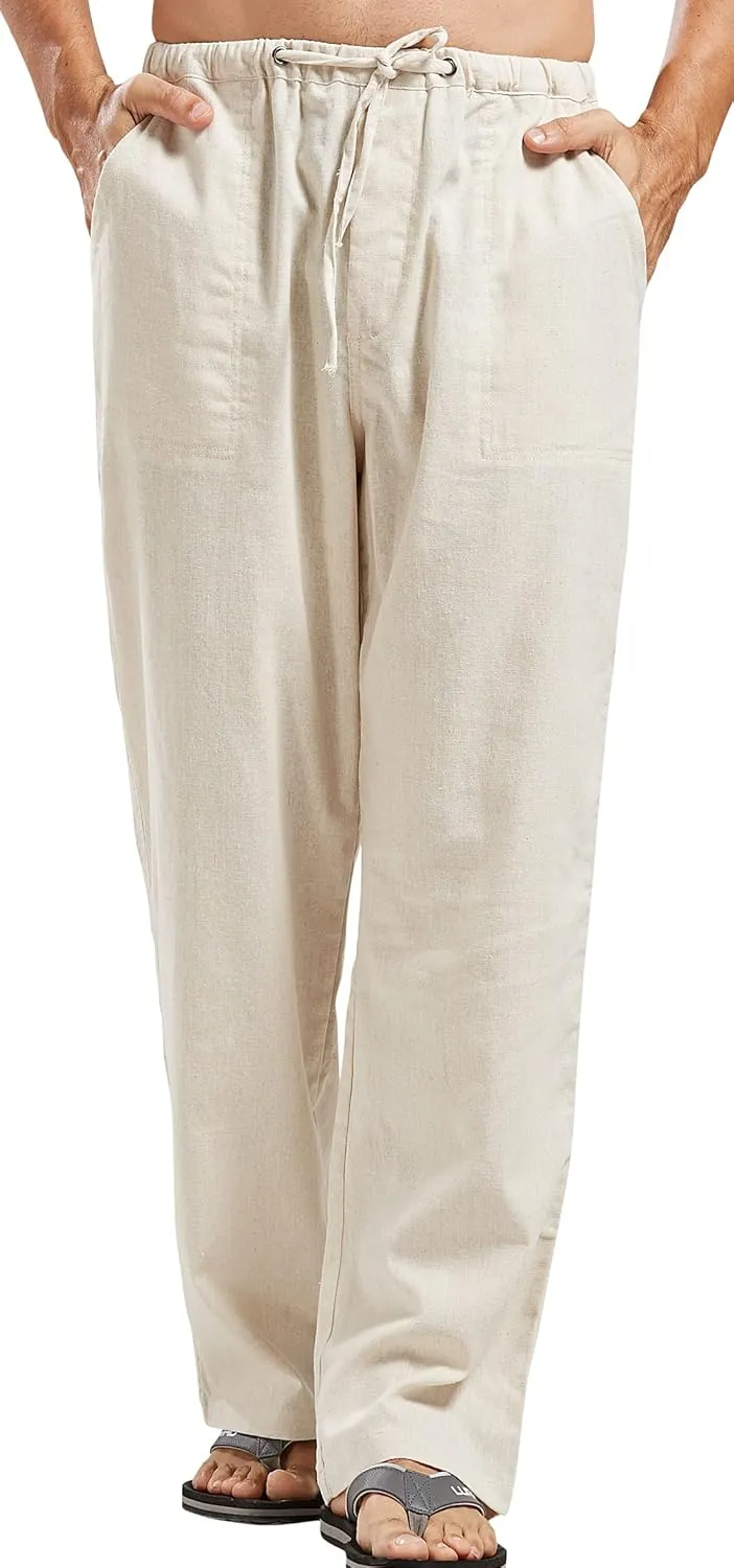 chouyatou Men's Ethnic Stylish Drawstring Elastic Waist Loose Fit Baggy Stripe Linen Harem Beach Pants