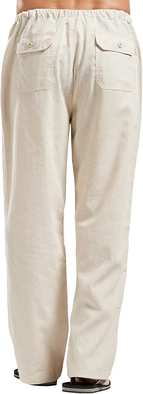 chouyatou Men's Ethnic Stylish Drawstring Elastic Waist Loose Fit Baggy Stripe Linen Harem Beach Pants