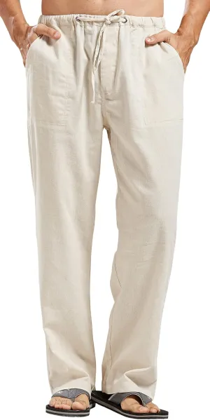 chouyatou Men's Ethnic Stylish Drawstring Elastic Waist Loose Fit Baggy Stripe Linen Harem Beach Pants