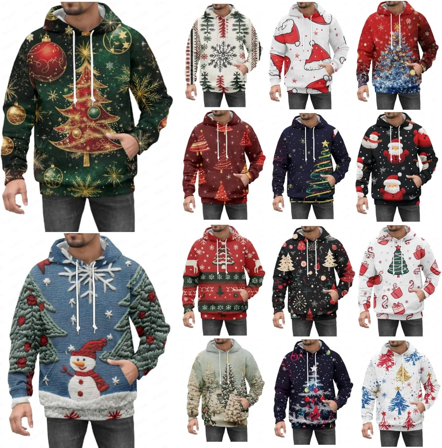 Christmas Hoodies for Men Fashion 3D Cute Santa Printed Graphic Long Sleeve Drawstring Hooded Pullover Sweatshirts