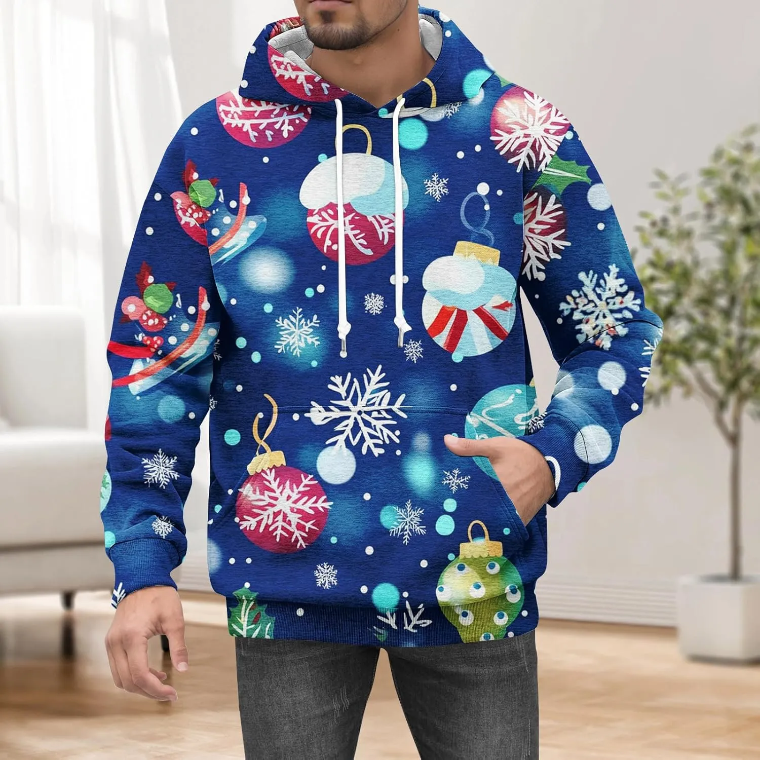 Christmas Hoodies for Men Fashion 3D Cute Santa Printed Graphic Long Sleeve Drawstring Hooded Pullover Sweatshirts