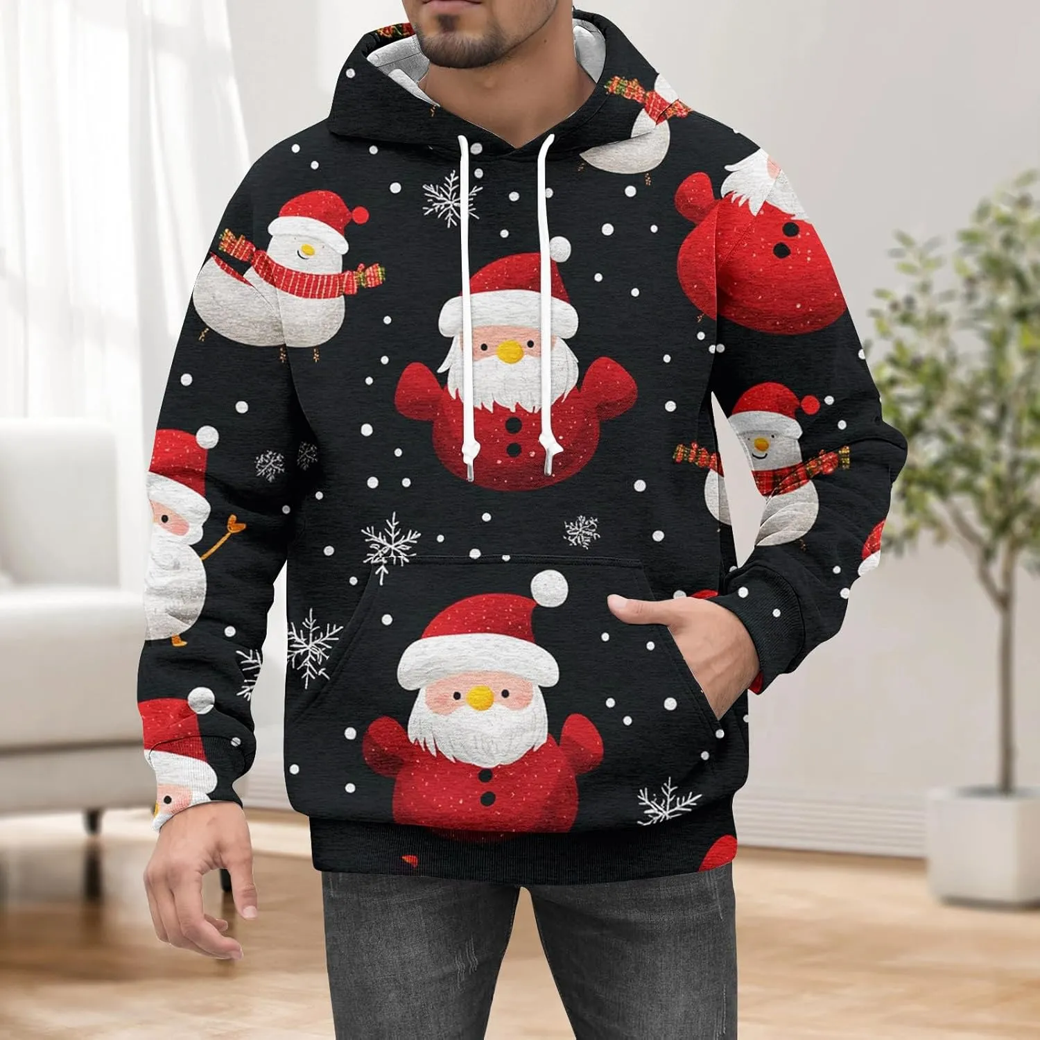 Christmas Hoodies for Men Fashion 3D Cute Santa Printed Graphic Long Sleeve Drawstring Hooded Pullover Sweatshirts