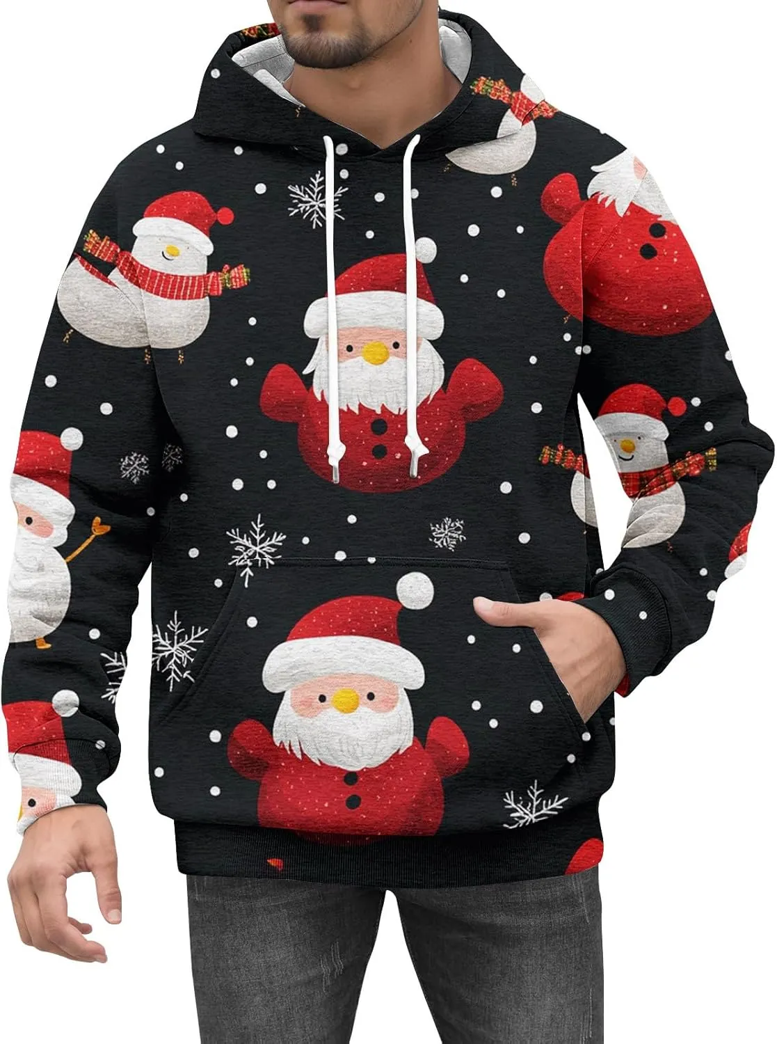 Christmas Hoodies for Men Fashion 3D Cute Santa Printed Graphic Long Sleeve Drawstring Hooded Pullover Sweatshirts