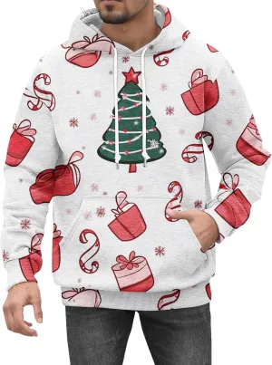 Christmas Hoodies for Men Fashion 3D Cute Santa Printed Graphic Long Sleeve Drawstring Hooded Pullover Sweatshirts