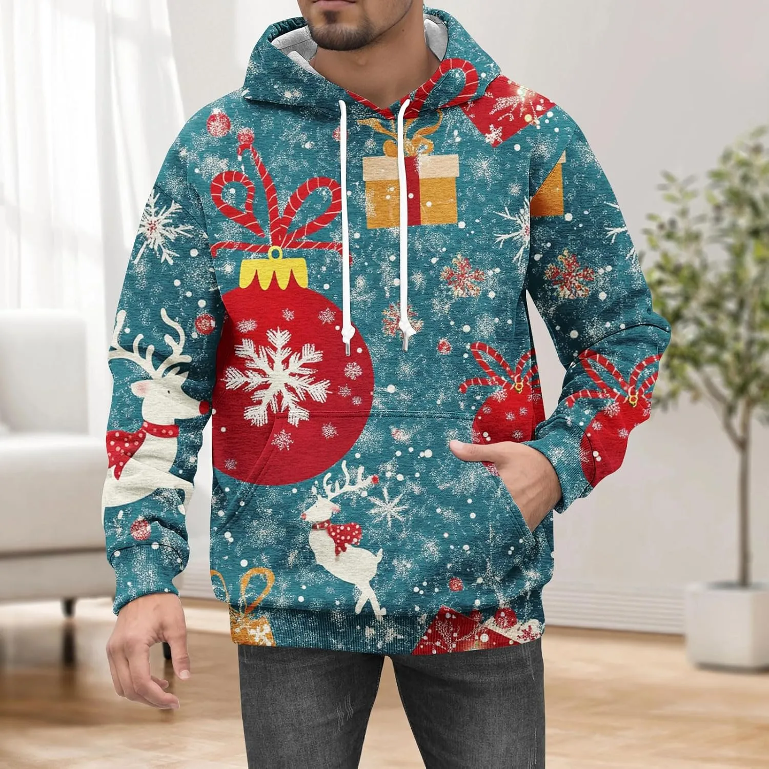 Christmas Hoodies for Men Fashion 3D Cute Santa Printed Graphic Long Sleeve Drawstring Hooded Pullover Sweatshirts