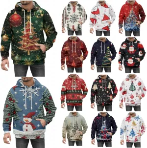 Christmas Hoodies for Men Fashion 3D Cute Santa Printed Graphic Long Sleeve Drawstring Hooded Pullover Sweatshirts