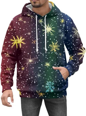 Christmas Hoodies for Men Fashion 3D Cute Santa Printed Graphic Long Sleeve Drawstring Hooded Pullover Sweatshirts