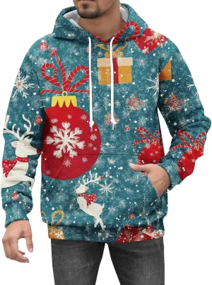 Christmas Hoodies for Men Fashion 3D Cute Santa Printed Graphic Long Sleeve Drawstring Hooded Pullover Sweatshirts
