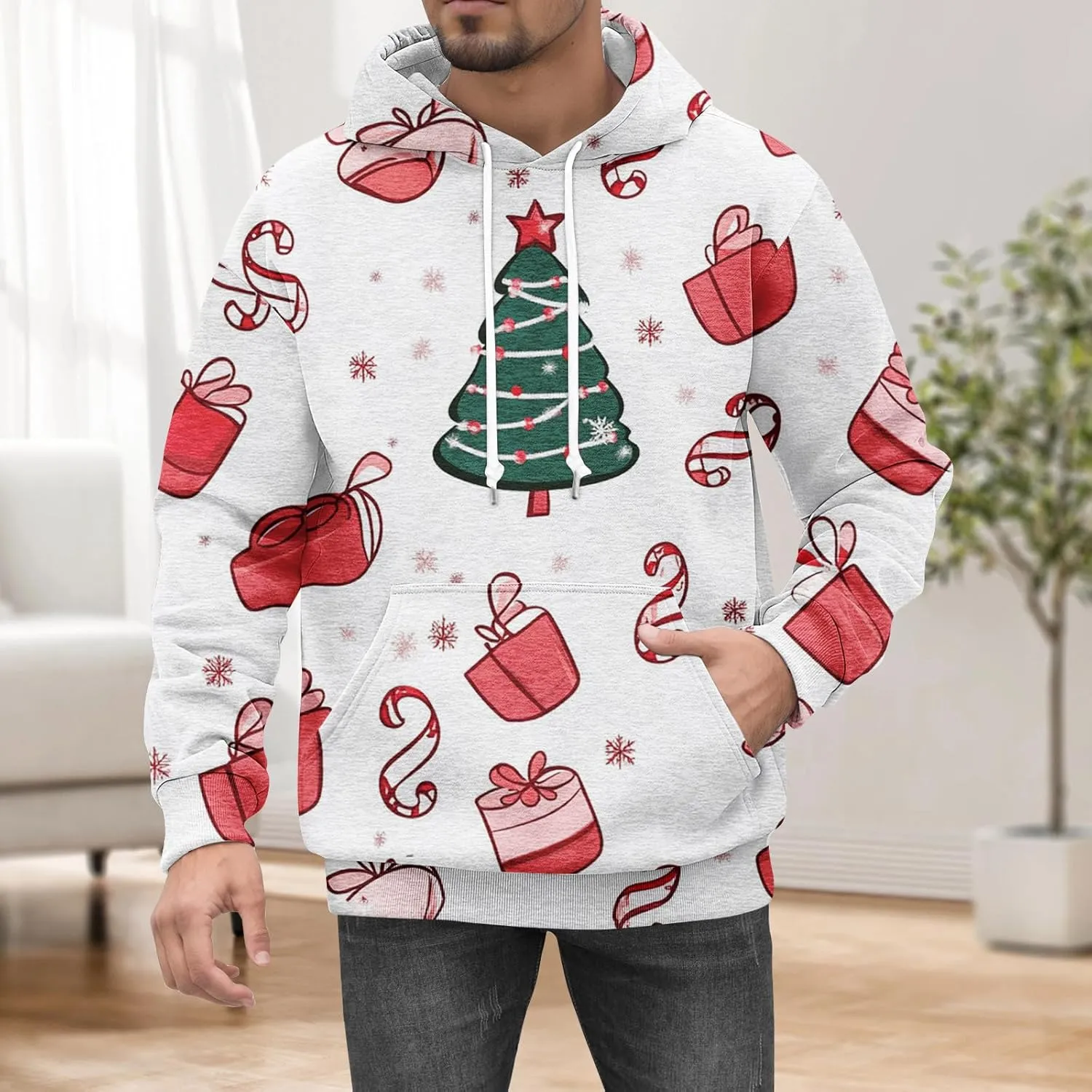 Christmas Hoodies for Men Fashion 3D Cute Santa Printed Graphic Long Sleeve Drawstring Hooded Pullover Sweatshirts