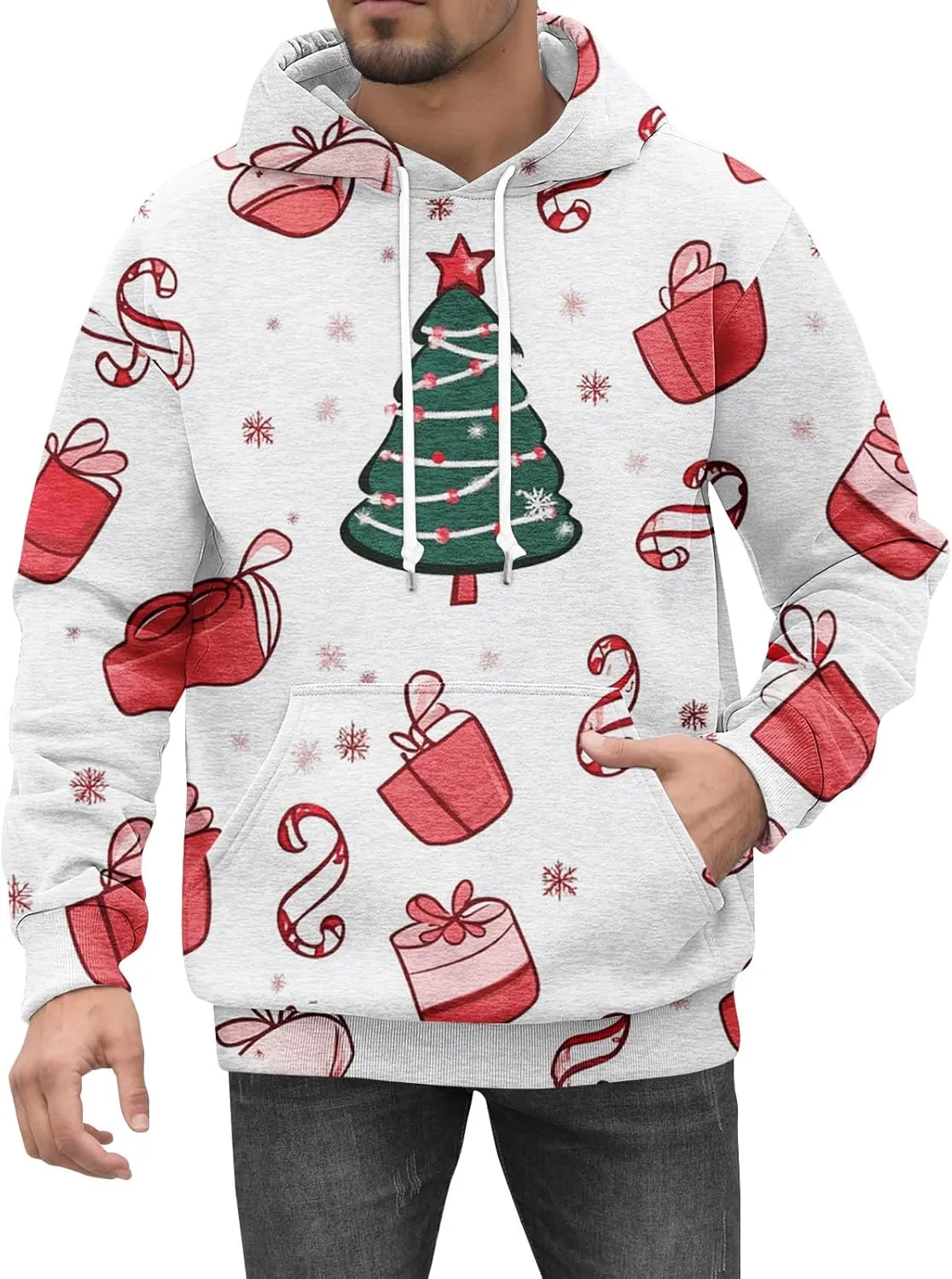 Christmas Hoodies for Men Fashion 3D Cute Santa Printed Graphic Long Sleeve Drawstring Hooded Pullover Sweatshirts