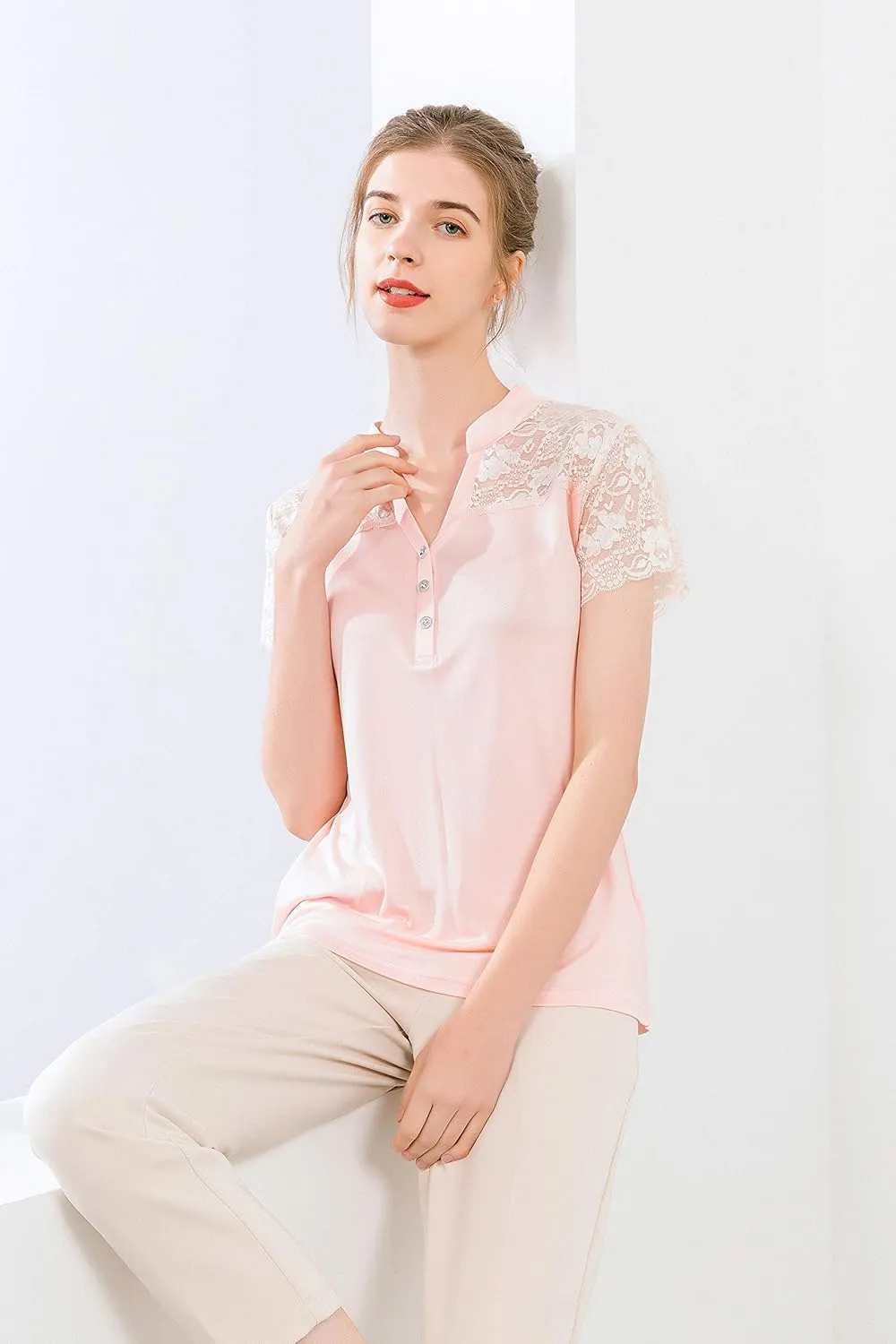 CLC Women's Mulberry Silk Lace T-Shirt Short Sleeve Shirt