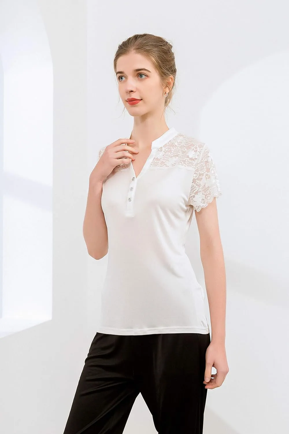 CLC Women's Mulberry Silk Lace T-Shirt Short Sleeve Shirt