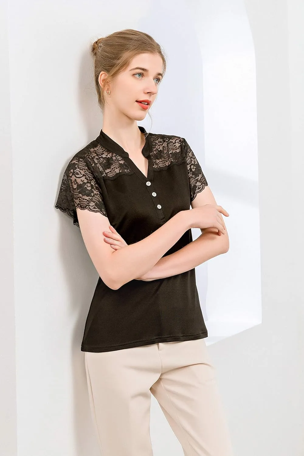 CLC Women's Mulberry Silk Lace T-Shirt Short Sleeve Shirt