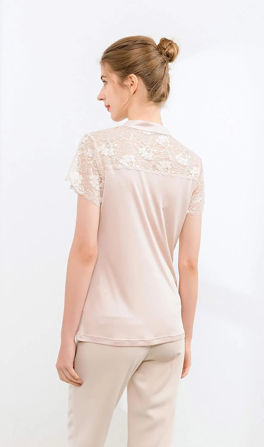 CLC Women's Mulberry Silk Lace T-Shirt Short Sleeve Shirt