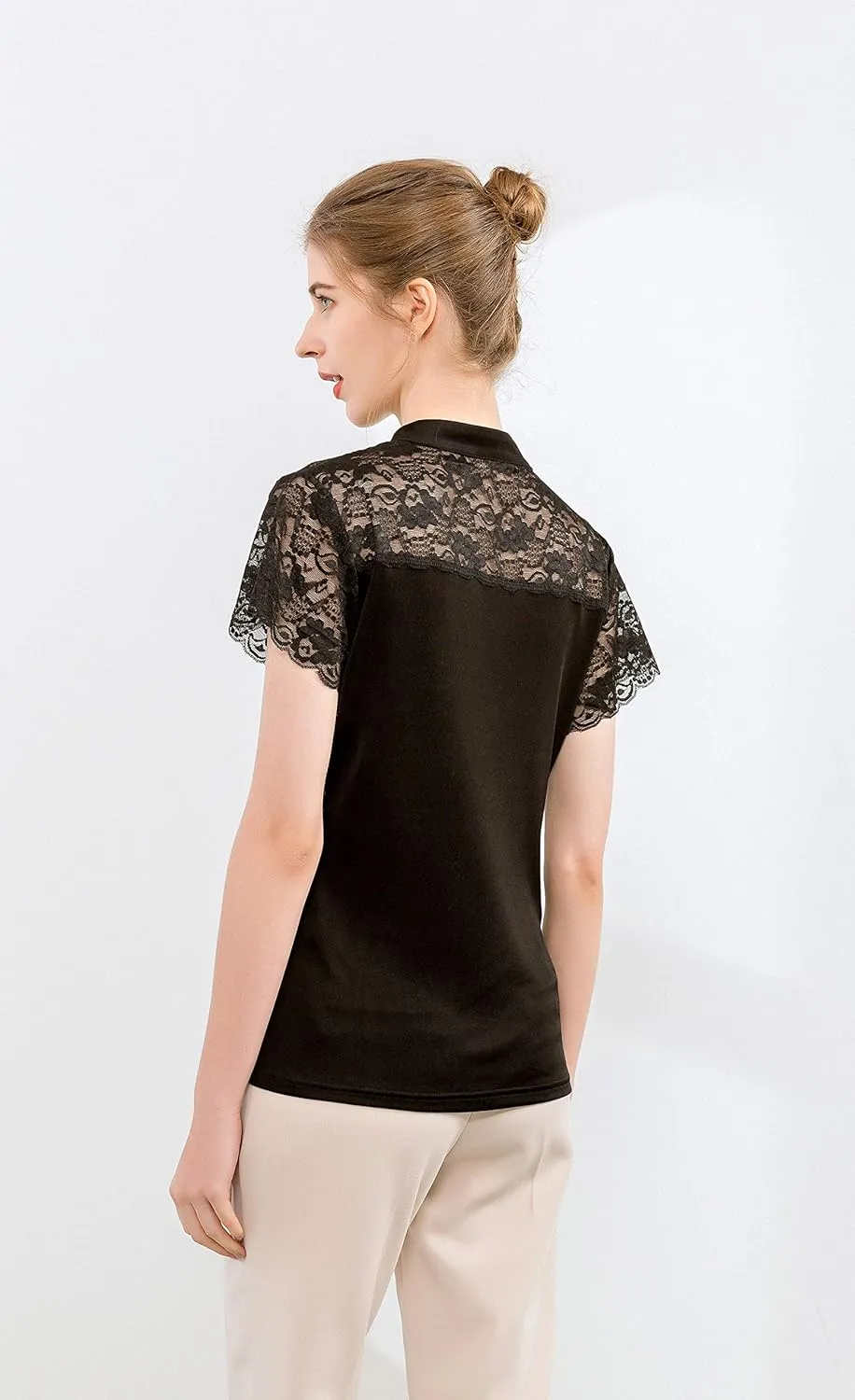 CLC Women's Mulberry Silk Lace T-Shirt Short Sleeve Shirt