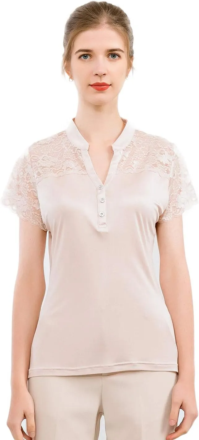 CLC Women's Mulberry Silk Lace T-Shirt Short Sleeve Shirt