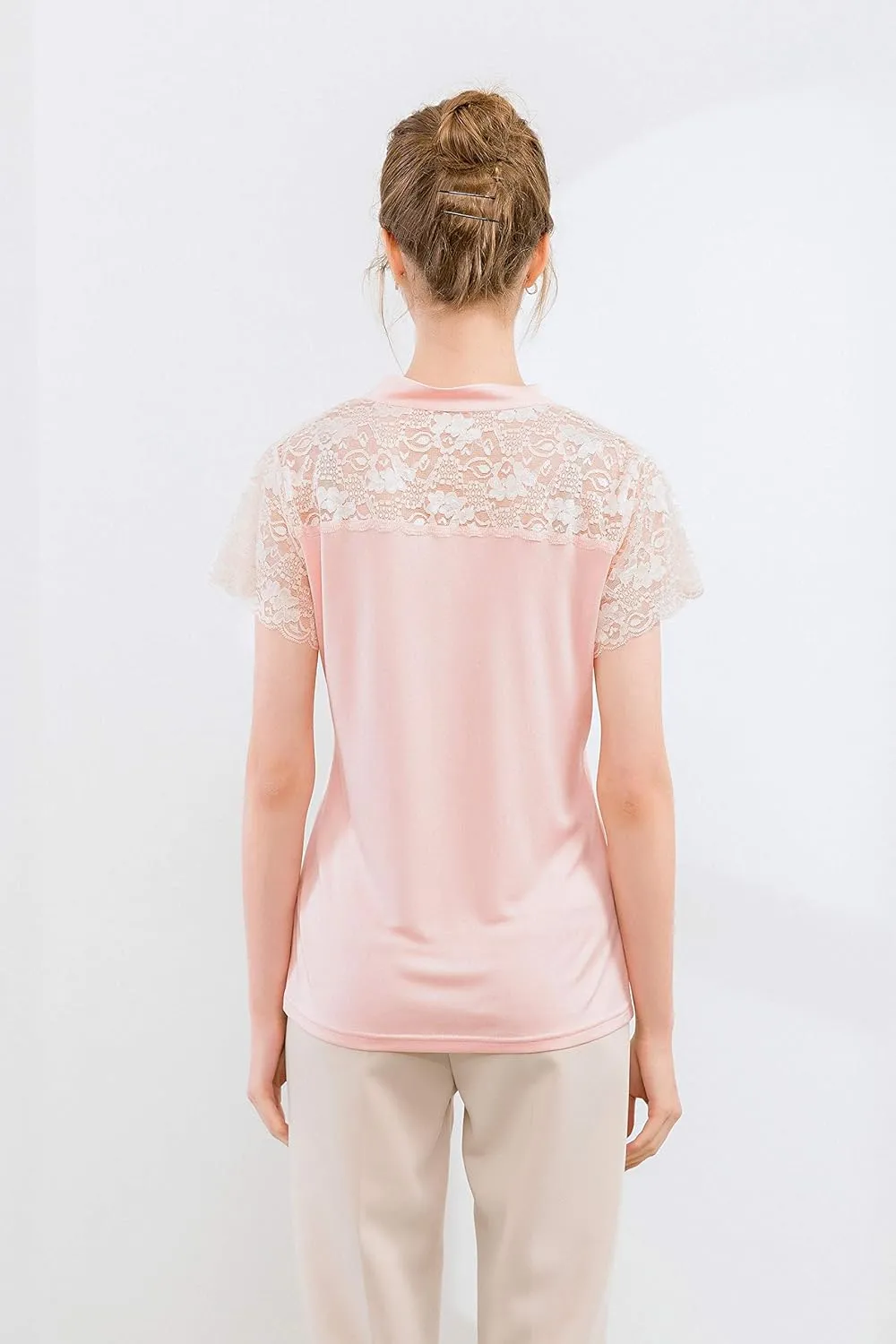 CLC Women's Mulberry Silk Lace T-Shirt Short Sleeve Shirt