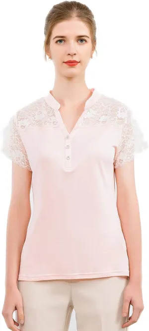 CLC Women's Mulberry Silk Lace T-Shirt Short Sleeve Shirt
