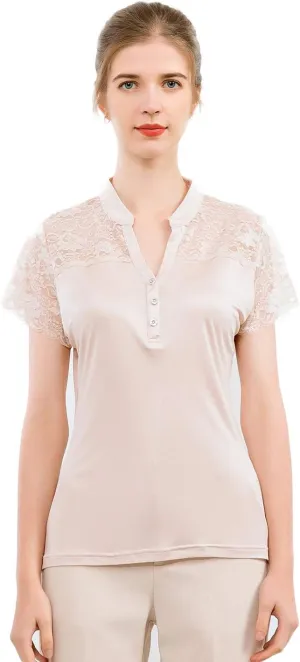 CLC Women's Mulberry Silk Lace T-Shirt Short Sleeve Shirt