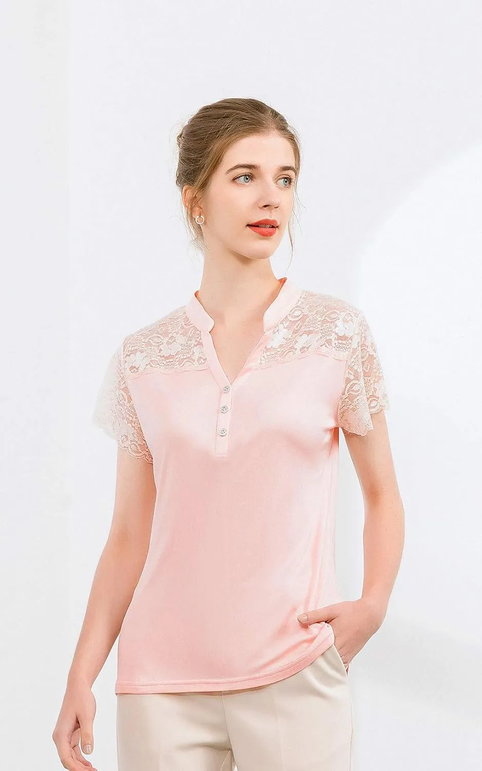 CLC Women's Mulberry Silk Lace T-Shirt Short Sleeve Shirt