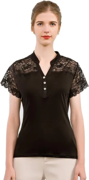 CLC Women's Mulberry Silk Lace T-Shirt Short Sleeve Shirt
