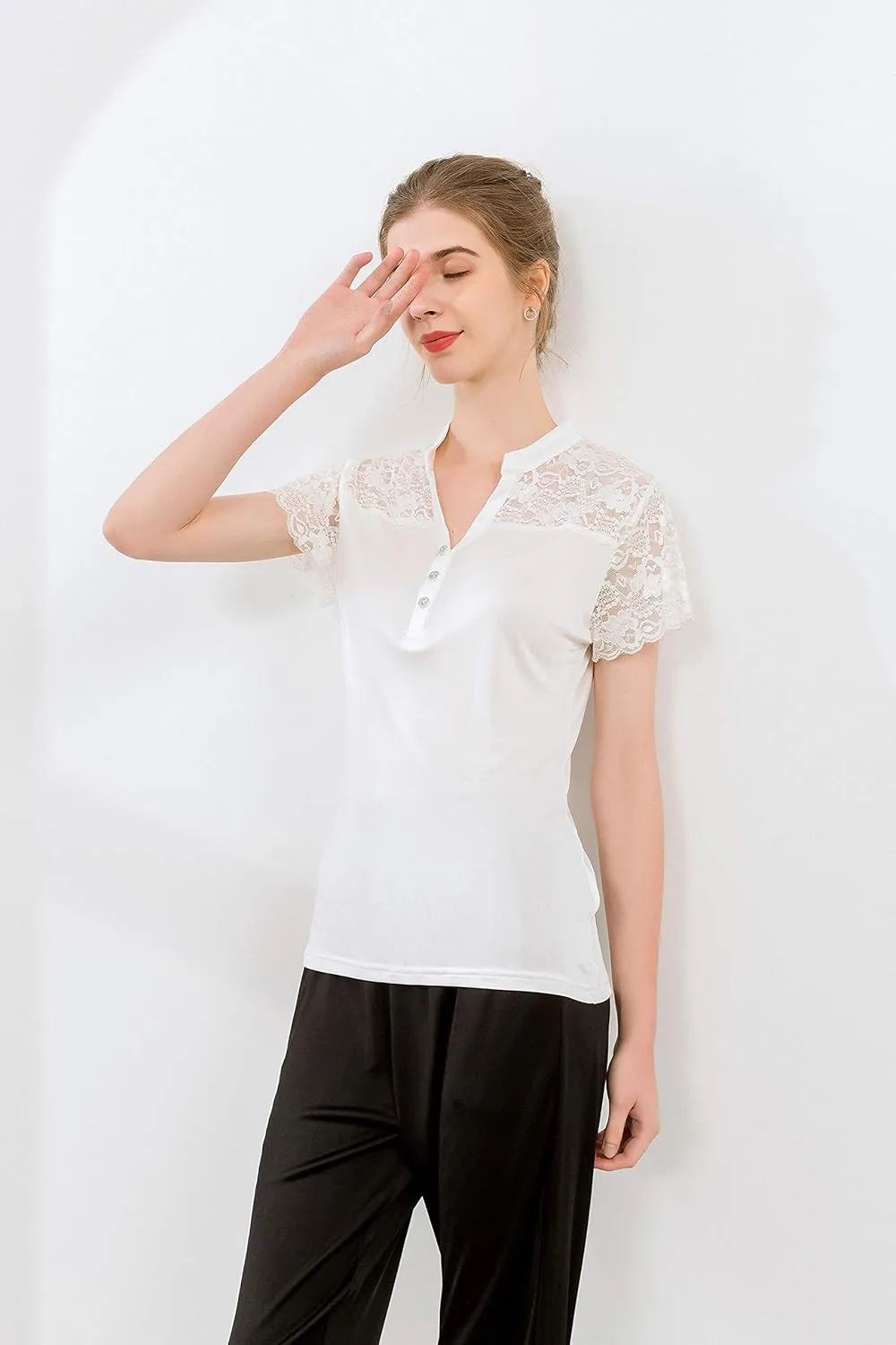 CLC Women's Mulberry Silk Lace T-Shirt Short Sleeve Shirt