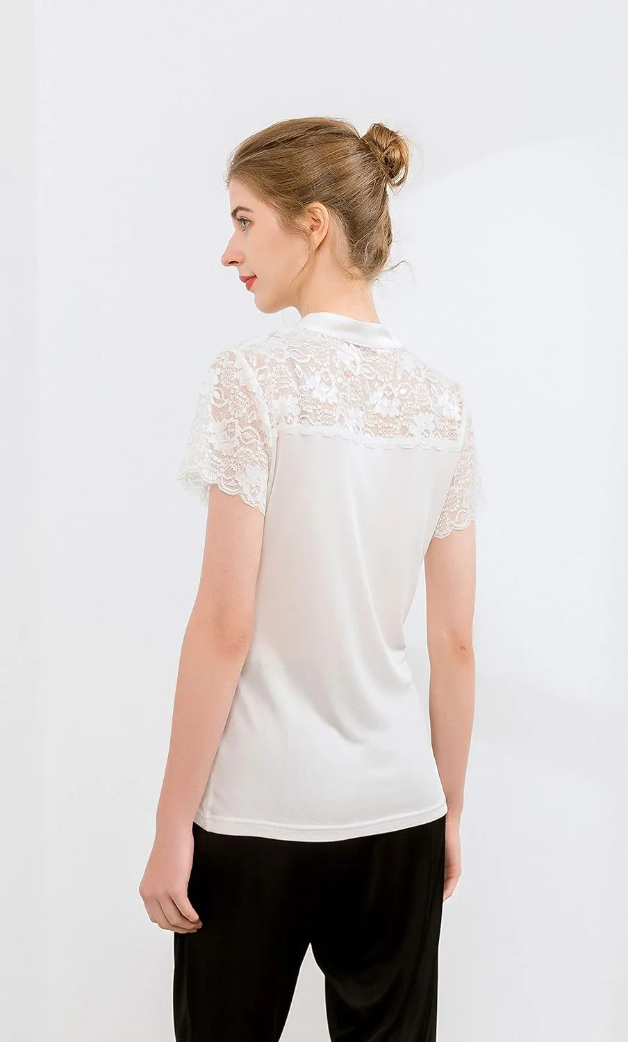 CLC Women's Mulberry Silk Lace T-Shirt Short Sleeve Shirt