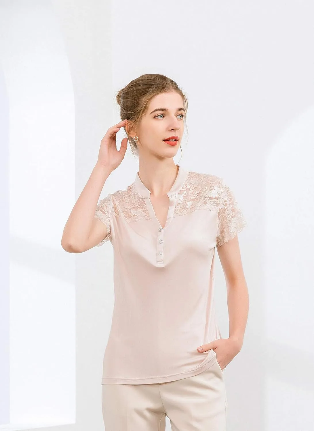 CLC Women's Mulberry Silk Lace T-Shirt Short Sleeve Shirt