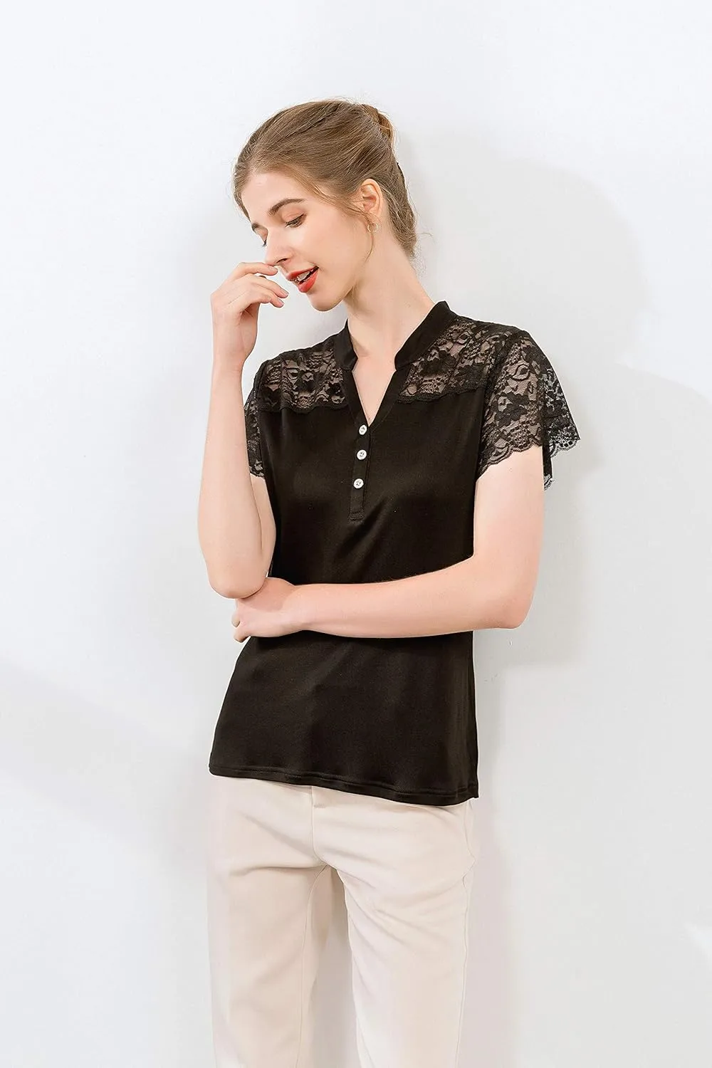 CLC Women's Mulberry Silk Lace T-Shirt Short Sleeve Shirt