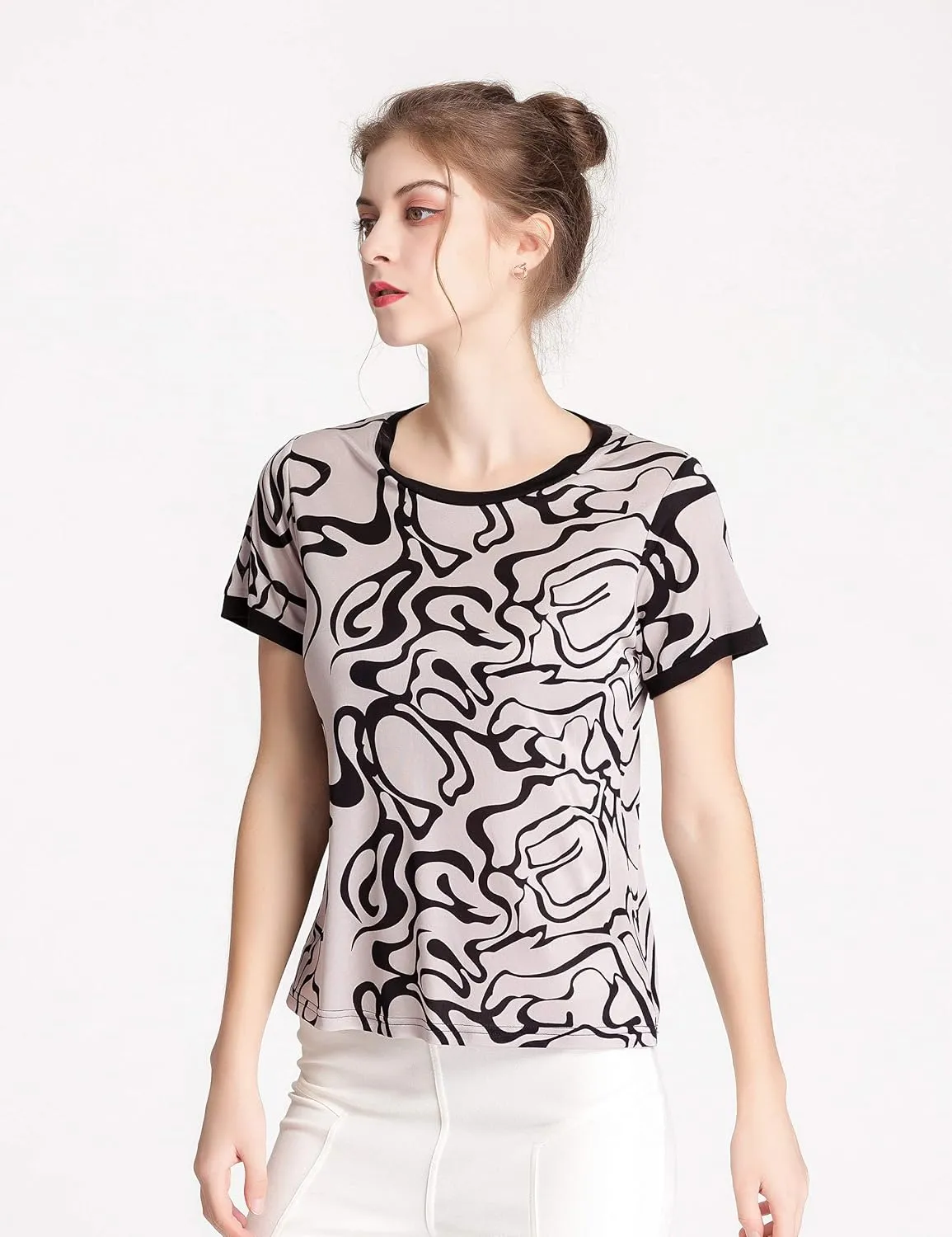CLC Women's Mulberry Silk Printed T-Shirt Short Sleeve Shirt