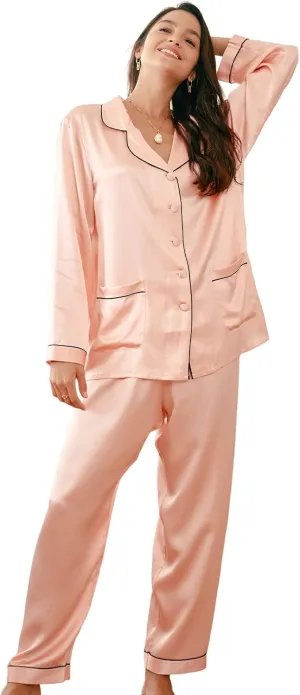 COLD POSH Womens Silk Pajamas Set Slim Fit Long Sleeve Classic Sleepwear Luxury 100% Mulberry Silk Luxury 22 Momme Loungewear