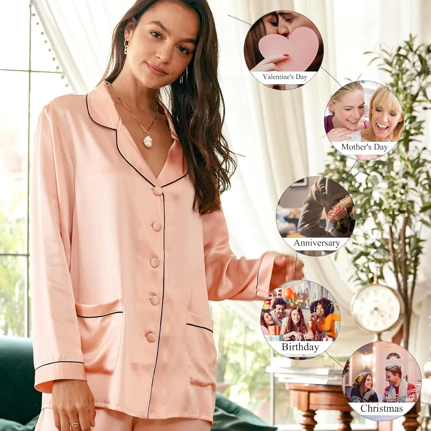 COLD POSH Womens Silk Pajamas Set Slim Fit Long Sleeve Classic Sleepwear Luxury 100% Mulberry Silk Luxury 22 Momme Loungewear