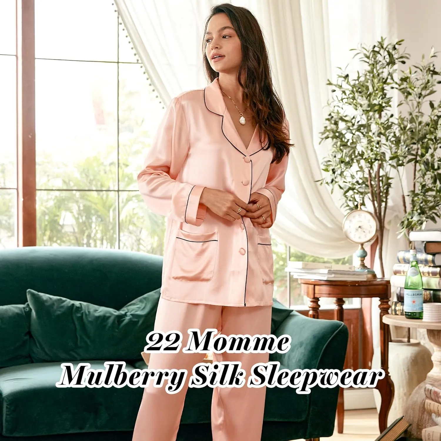 COLD POSH Womens Silk Pajamas Set Slim Fit Long Sleeve Classic Sleepwear Luxury 100% Mulberry Silk Luxury 22 Momme Loungewear