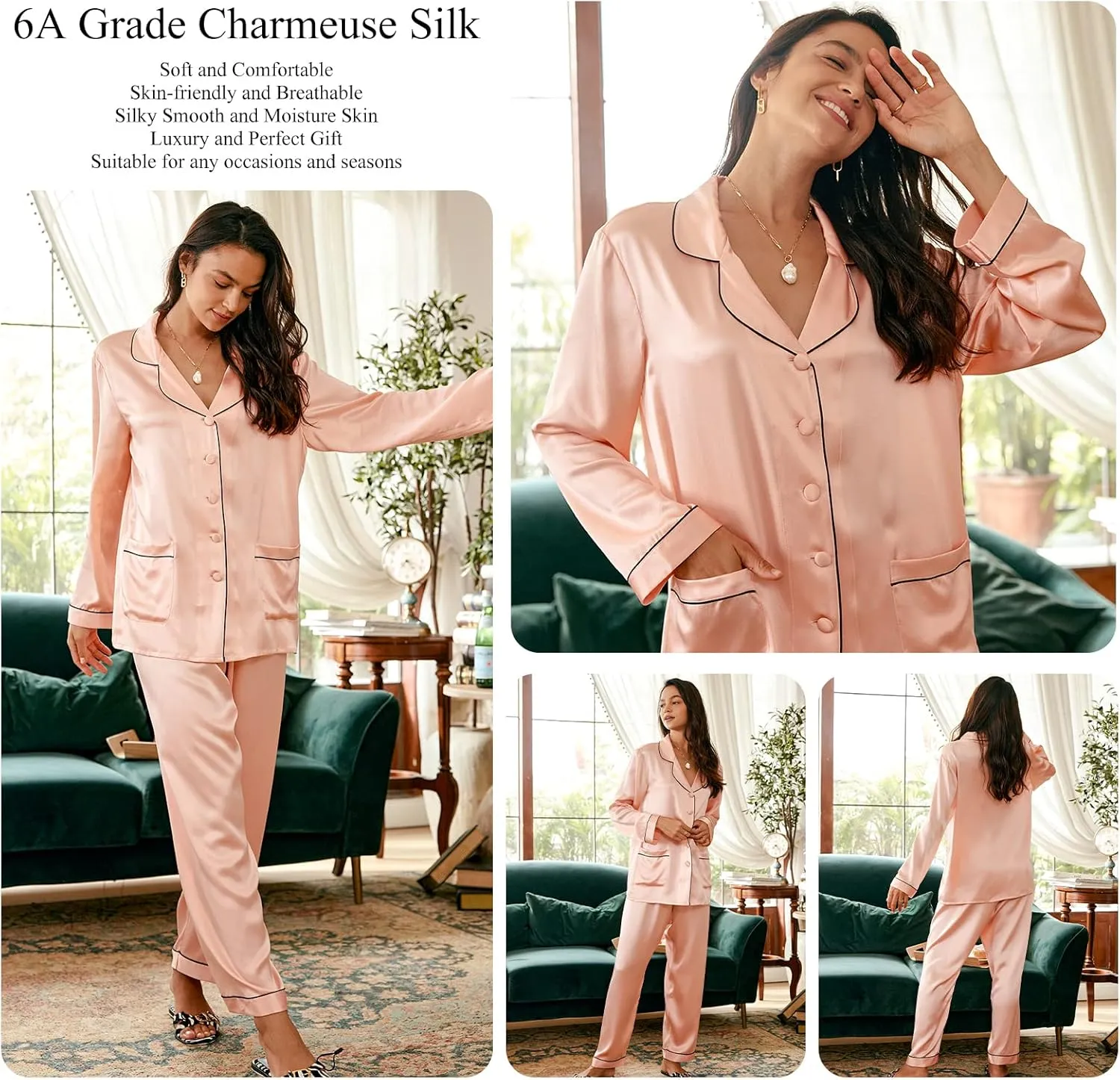 COLD POSH Womens Silk Pajamas Set Slim Fit Long Sleeve Classic Sleepwear Luxury 100% Mulberry Silk Luxury 22 Momme Loungewear