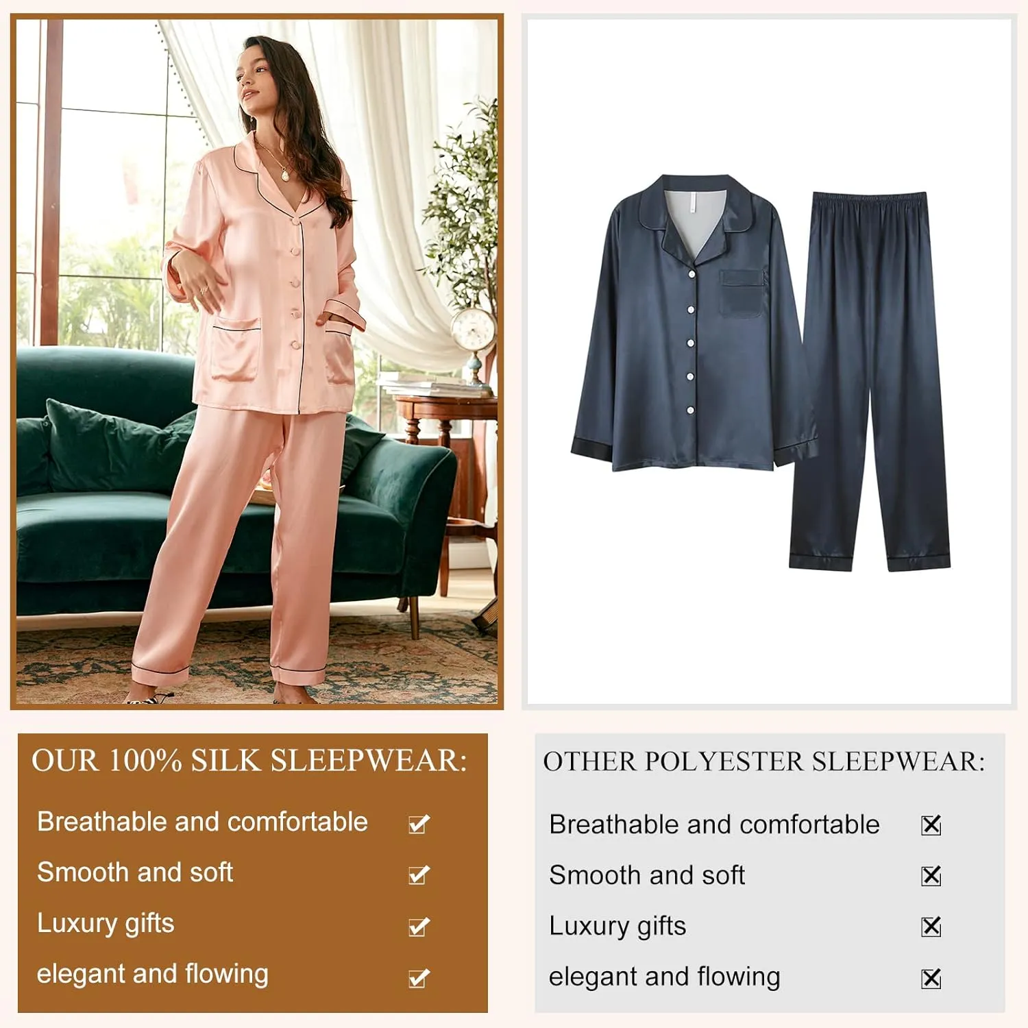 COLD POSH Womens Silk Pajamas Set Slim Fit Long Sleeve Classic Sleepwear Luxury 100% Mulberry Silk Luxury 22 Momme Loungewear