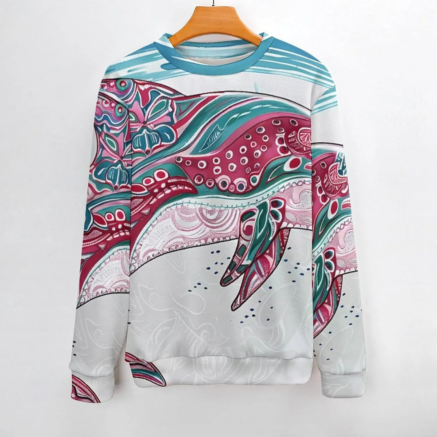 Colorful Dolphin with Stripes Crew Neck Sweater Oversized Long Sleeve Pure Cotton Casual Knit Pullover Sweatshirt