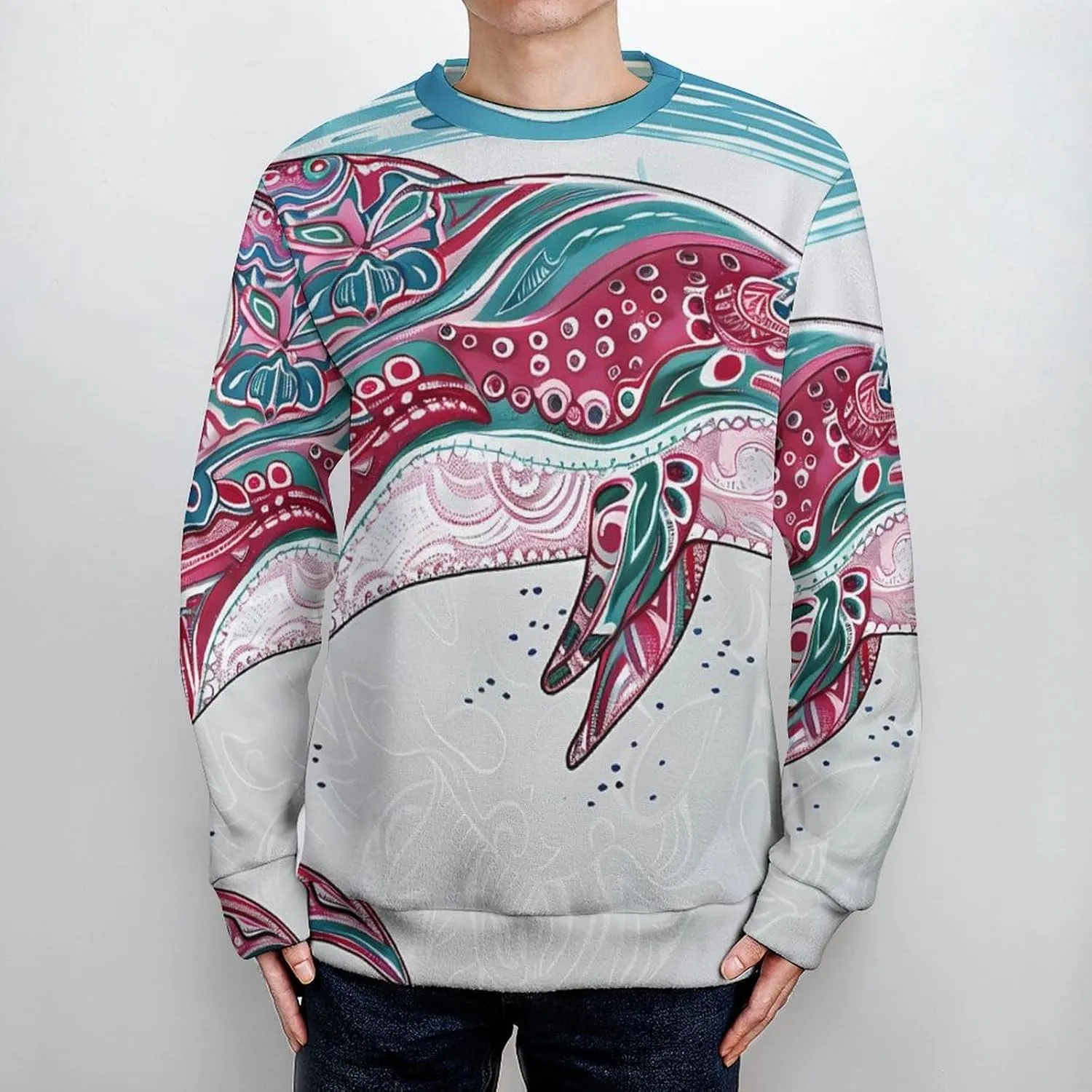 Colorful Dolphin with Stripes Crew Neck Sweater Oversized Long Sleeve Pure Cotton Casual Knit Pullover Sweatshirt
