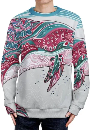 Colorful Dolphin with Stripes Crew Neck Sweater Oversized Long Sleeve Pure Cotton Casual Knit Pullover Sweatshirt