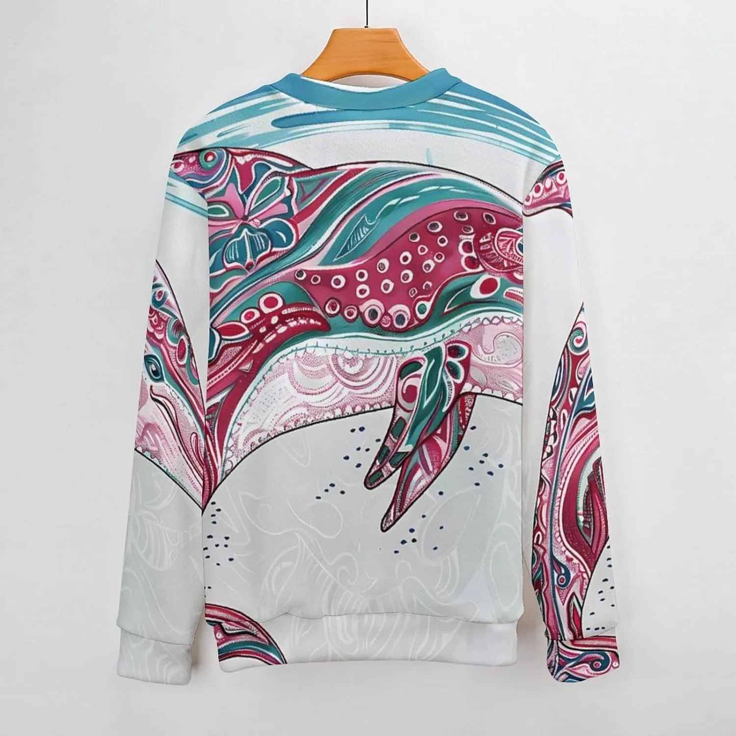 Colorful Dolphin with Stripes Crew Neck Sweater Oversized Long Sleeve Pure Cotton Casual Knit Pullover Sweatshirt