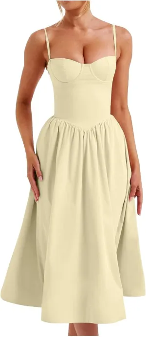 Corset Bustier Midi Dress Adjustable Straps Pleated Hem Vintage Inspired Choice for Nightclub Night Party Dressing