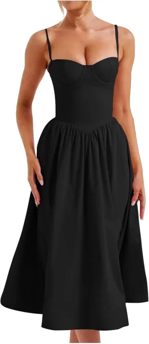 Corset Bustier Midi Dress Adjustable Straps Pleated Hem Vintage Inspired Choice for Nightclub Night Party Dressing