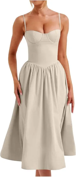 Corset Bustier Midi Dress Adjustable Straps Pleated Hem Vintage Inspired Choice for Nightclub Night Party Dressing