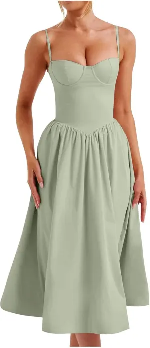 Corset Bustier Midi Dress Adjustable Straps Pleated Hem Vintage Inspired Choice for Nightclub Night Party Dressing