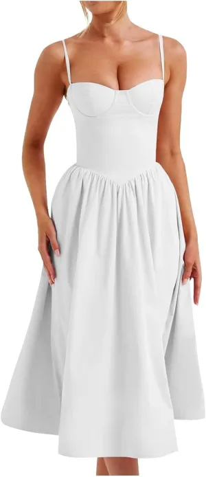 Corset Bustier Midi Dress Adjustable Straps Pleated Hem Vintage Inspired Choice for Nightclub Night Party Dressing