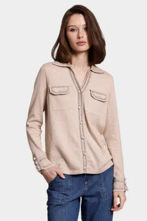 Cotton Cashmere Pearl Button Shirt with Stitching