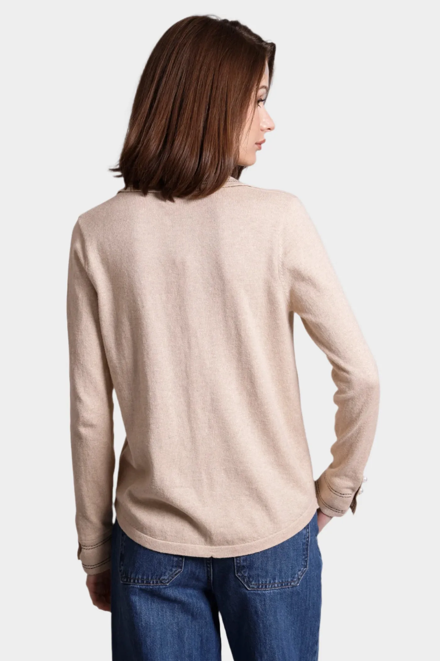 Cotton Cashmere Pearl Button Shirt with Stitching