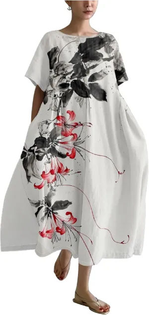 Cotton Linen Dress Floral Print Casual Loose Short Sleeve Crew Neck Maxi Ladies Flowy Summer Long Dresses