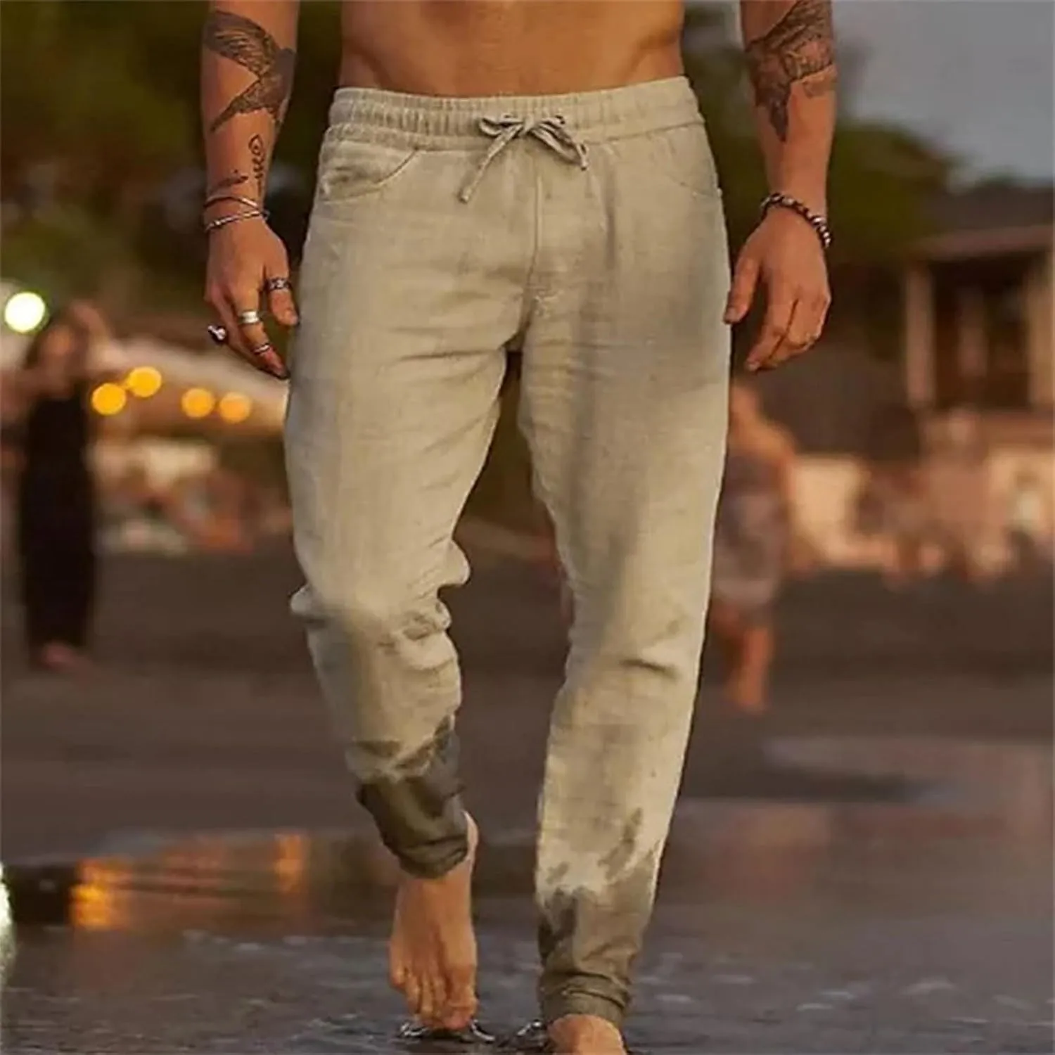 Cotton Linen Pnats for Men Solid Color Drawstring Loose Breathable Casual Pants 2025